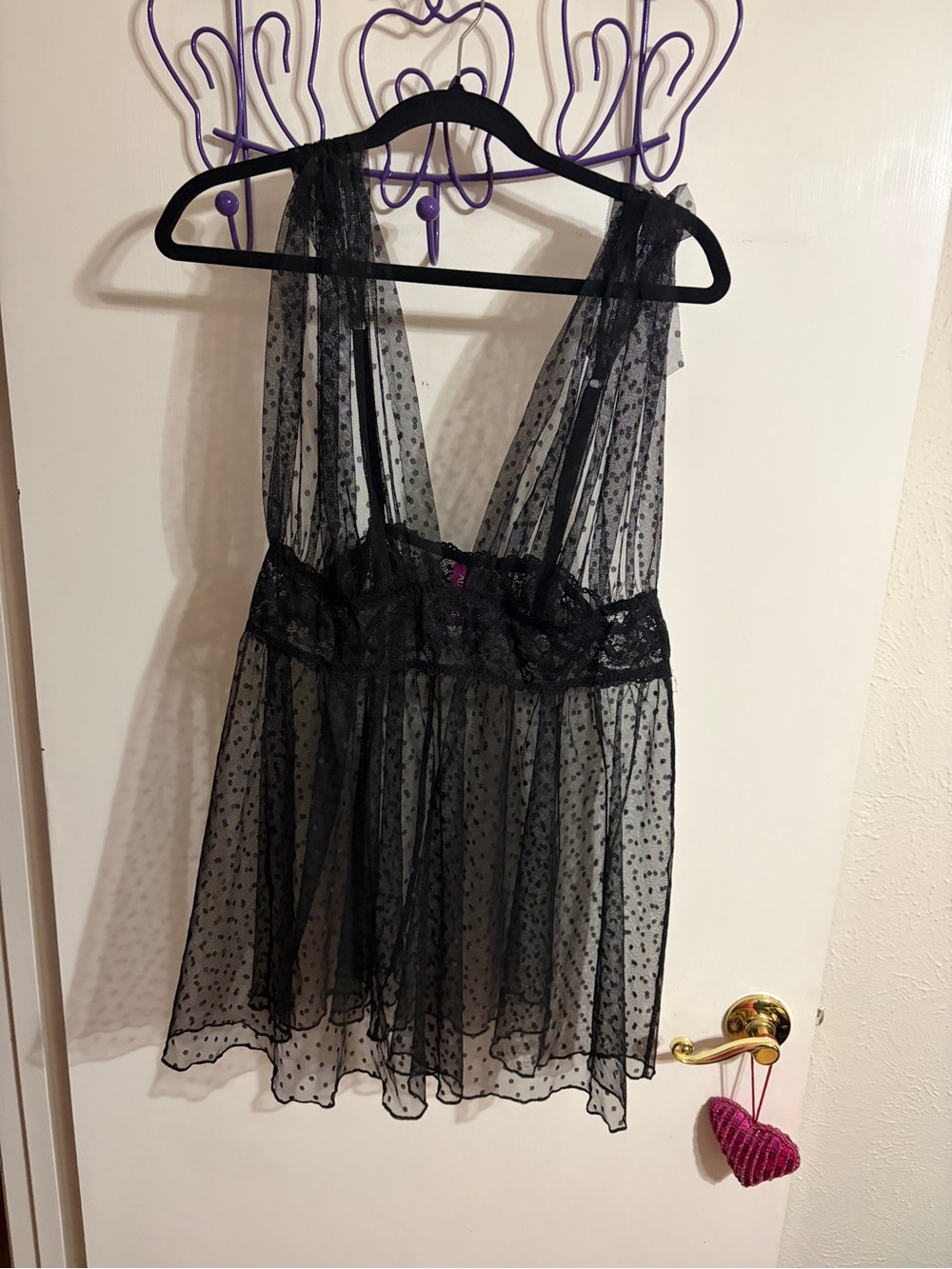 💜 1X Adore Me Black Sheer Polka-Dot Babydoll Chemise